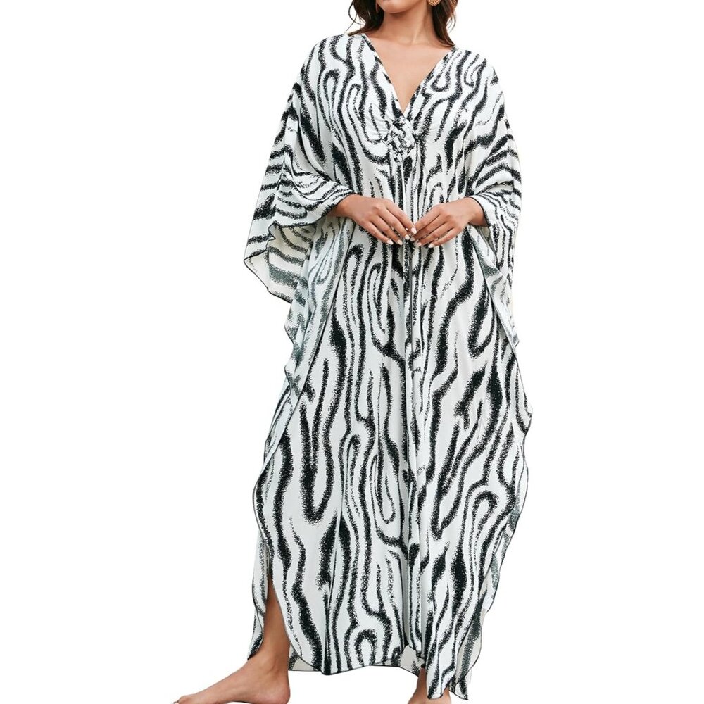 Womens White Black Lines V-neck Batwing Sleeve Flowy Split Bohemian Kaftan Dress